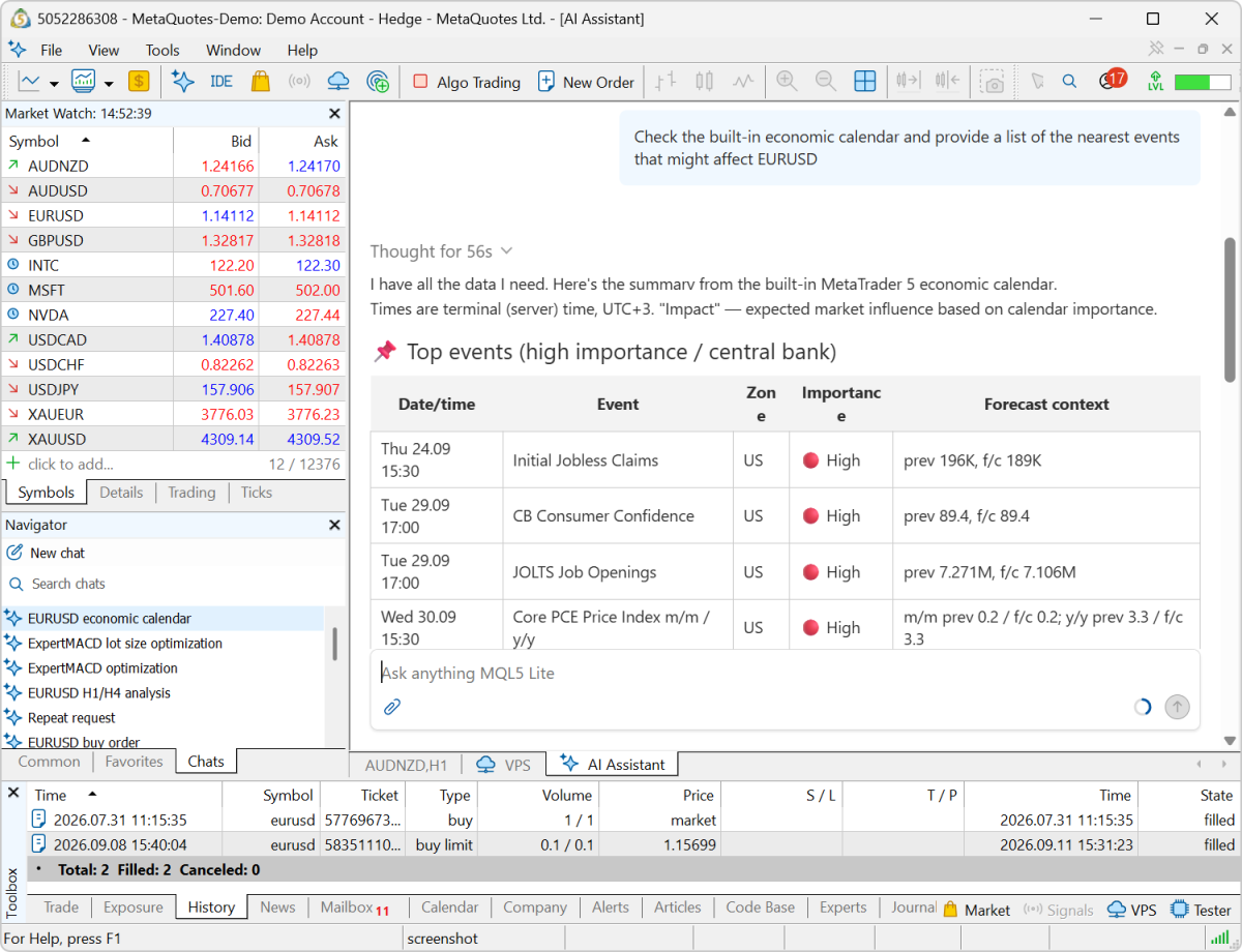 新版 MetaTrader 5 平台 Build 6230:扩展的 AI 功能